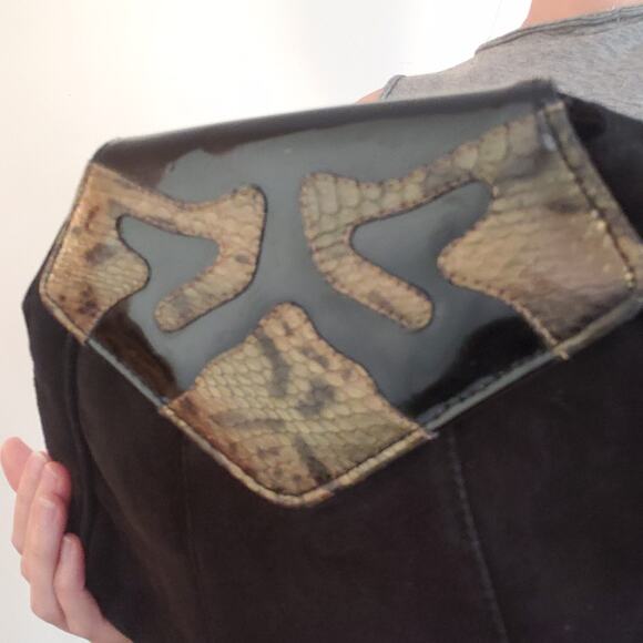 Vintage Snakeskin & Suede Large Clutch Bag with Crossbody Strap Black Gold - Picture 5 of 9